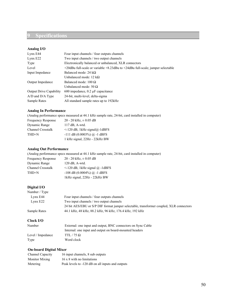 9 specifications | Lynx Studio E44 User Manual | Page 50 / 56
