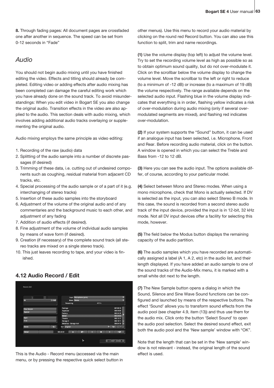 Audio, 12 audio record / edit | MacroSystem Bogart SE Ver.4 User manual User Manual | Page 63 / 112
