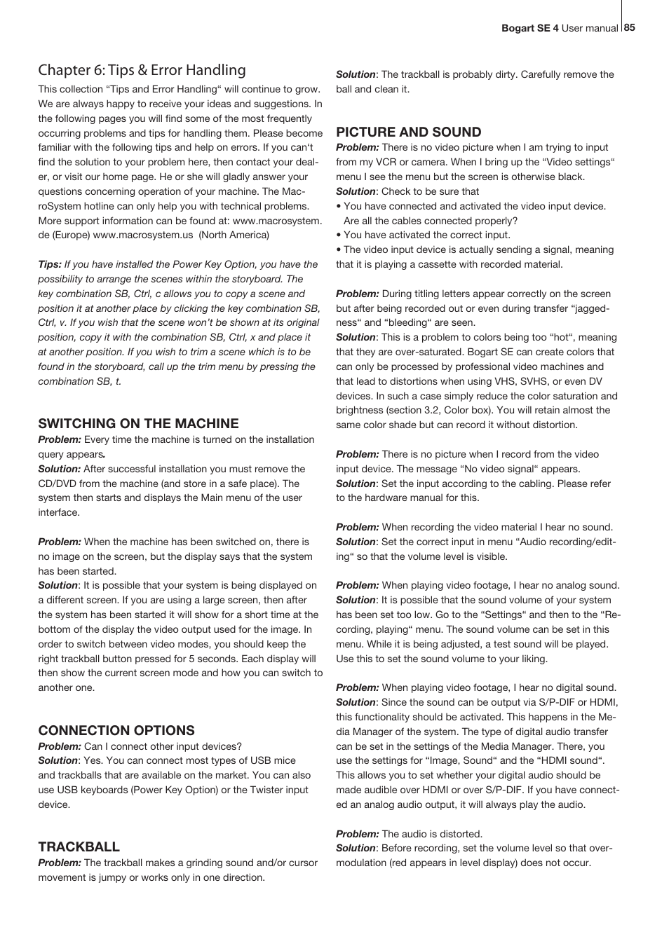 Chapter 6: tips & error handling, Switching on the machine, Connection options | Trackball, Picture and sound | MacroSystem Bogart SE Ver.4 User manual User Manual | Page 85 / 112