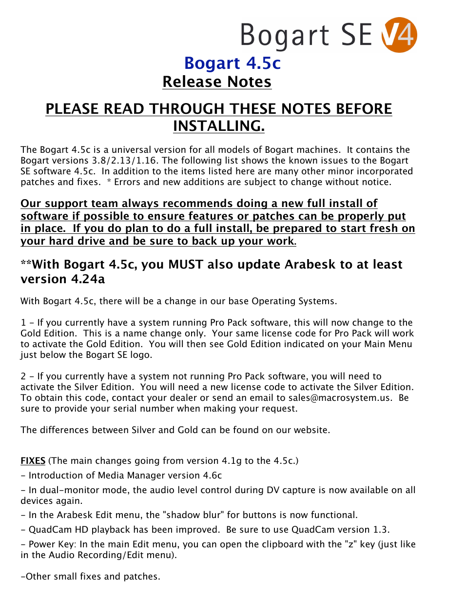 MacroSystem Bogart SE Ver.4 - 4.5c Release Notes User Manual | 4 pages