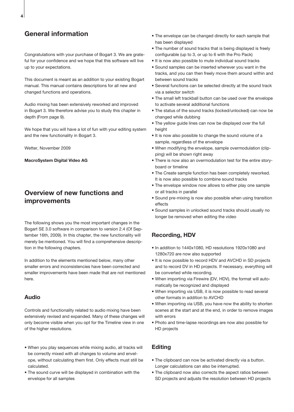 General information, Overview of new functions and improvements, Audio | Recording, hdv, Editing | MacroSystem Bogart SE Ver.3 Addition to the manual User Manual | Page 4 / 16