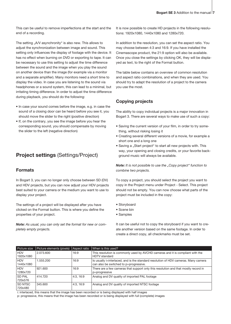Project settings (settings/project), Copying projects, Formats | MacroSystem Bogart SE Ver.3 Addition to the manual User Manual | Page 7 / 16