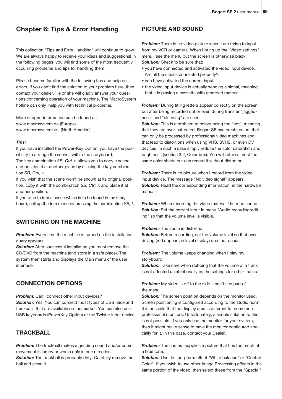 Chapter 6: tips & error handling, Switching on the machine, Connection options | Trackball, Picture and sound | MacroSystem Bogart SE Ver.2 User manual User Manual | Page 71 / 100