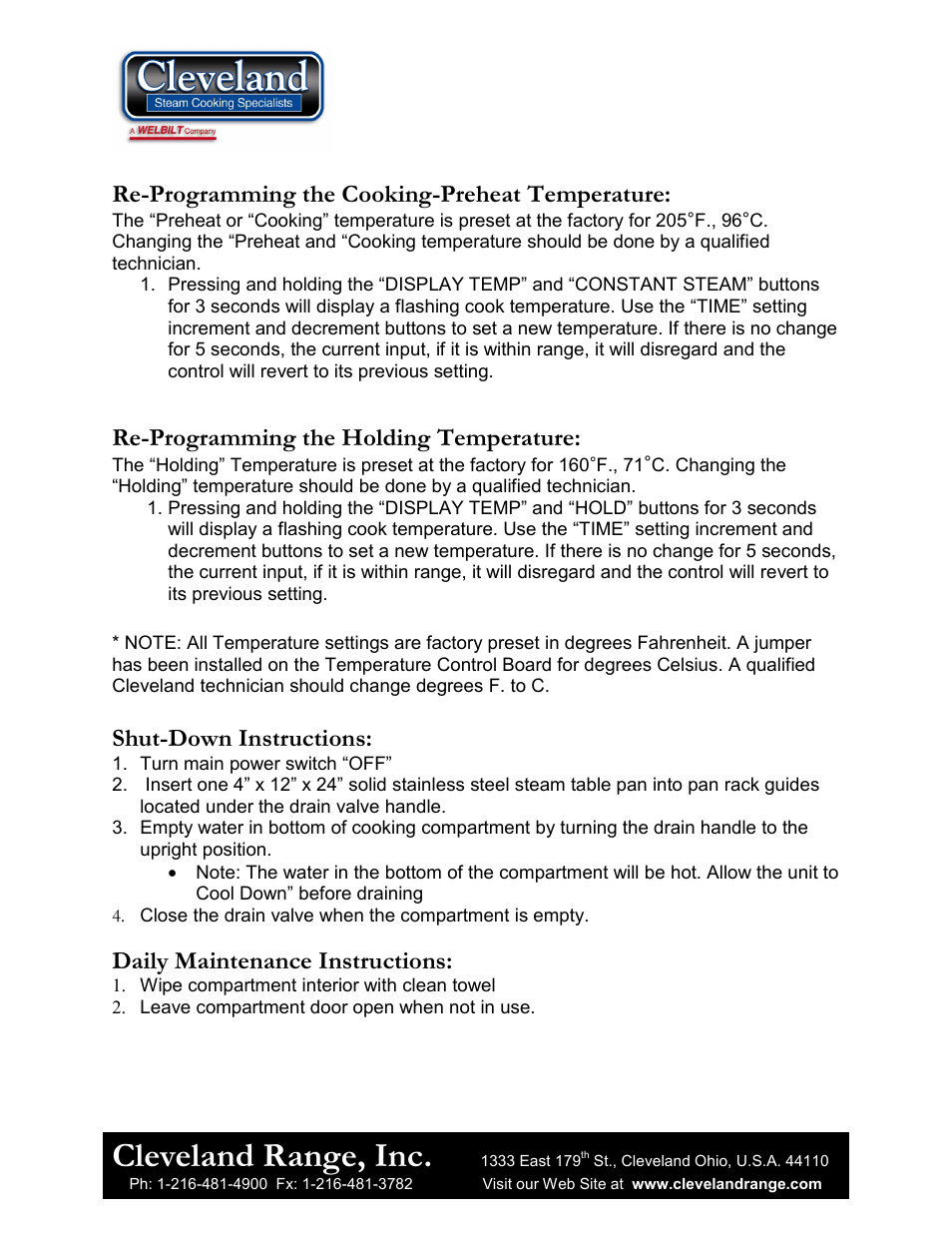 Cleveland range, inc, Re-programming the cooking-preheat temperature, Re-programming the holding temperature | Shut-down instructions, Daily maintenance instructions | Cleveland Range 1SCE User Manual | Page 10 / 11