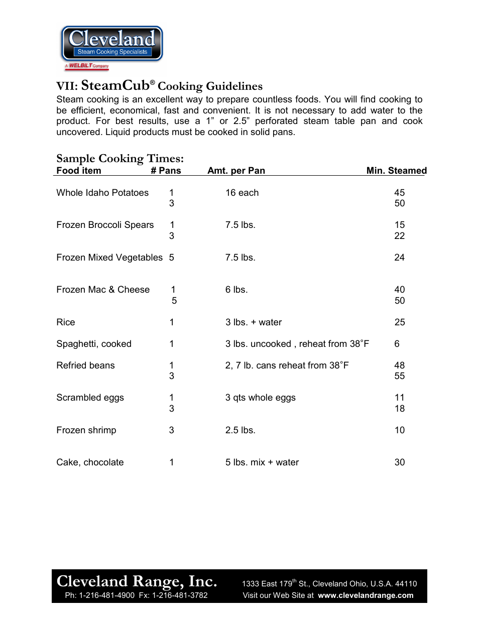 Cleveland range, inc, Steamcub, Cooking guidelines | Sample cooking times | Cleveland Range 1SCE User Manual | Page 11 / 11