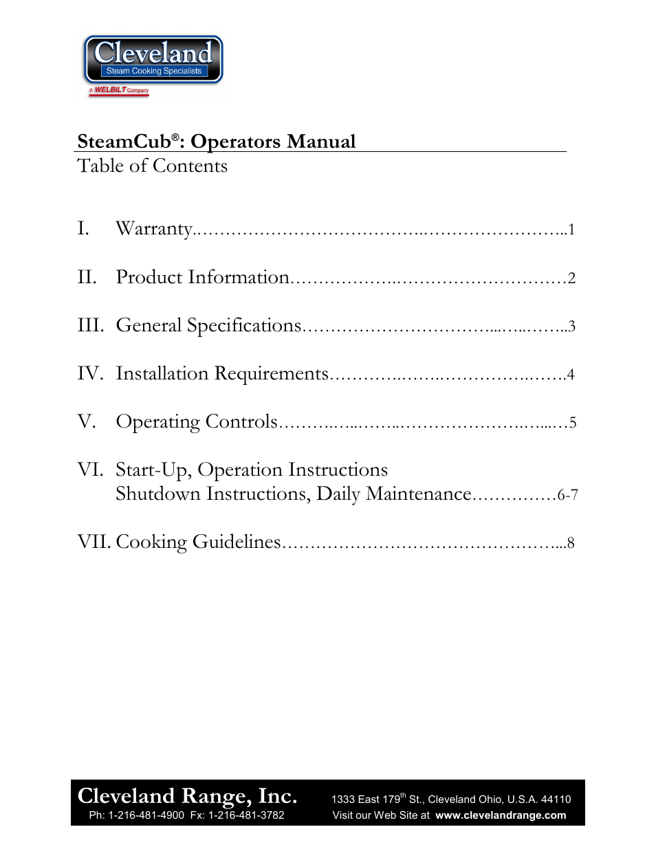 Cleveland range, inc, Steamcub, Operators manual table of contents i. warranty | Ii. product information, Iii. general specifications, Iv. installation requirements, V. operating controls, Vii. cooking guidelines | Cleveland Range 1SCE User Manual | Page 2 / 11