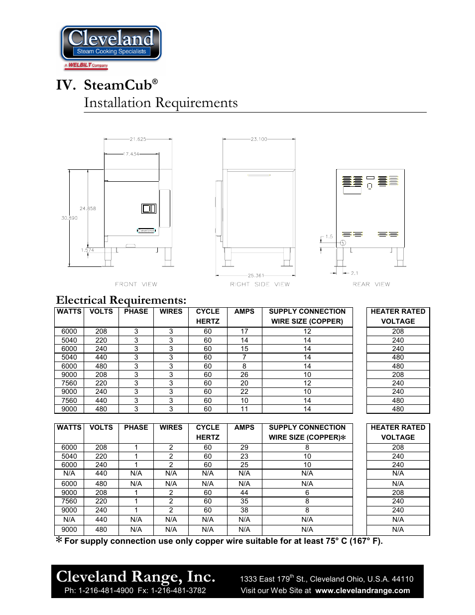Cleveland range, inc, Iv. steamcub, Installation requirements | Electrical requirements | Cleveland Range 1SCE User Manual | Page 6 / 11