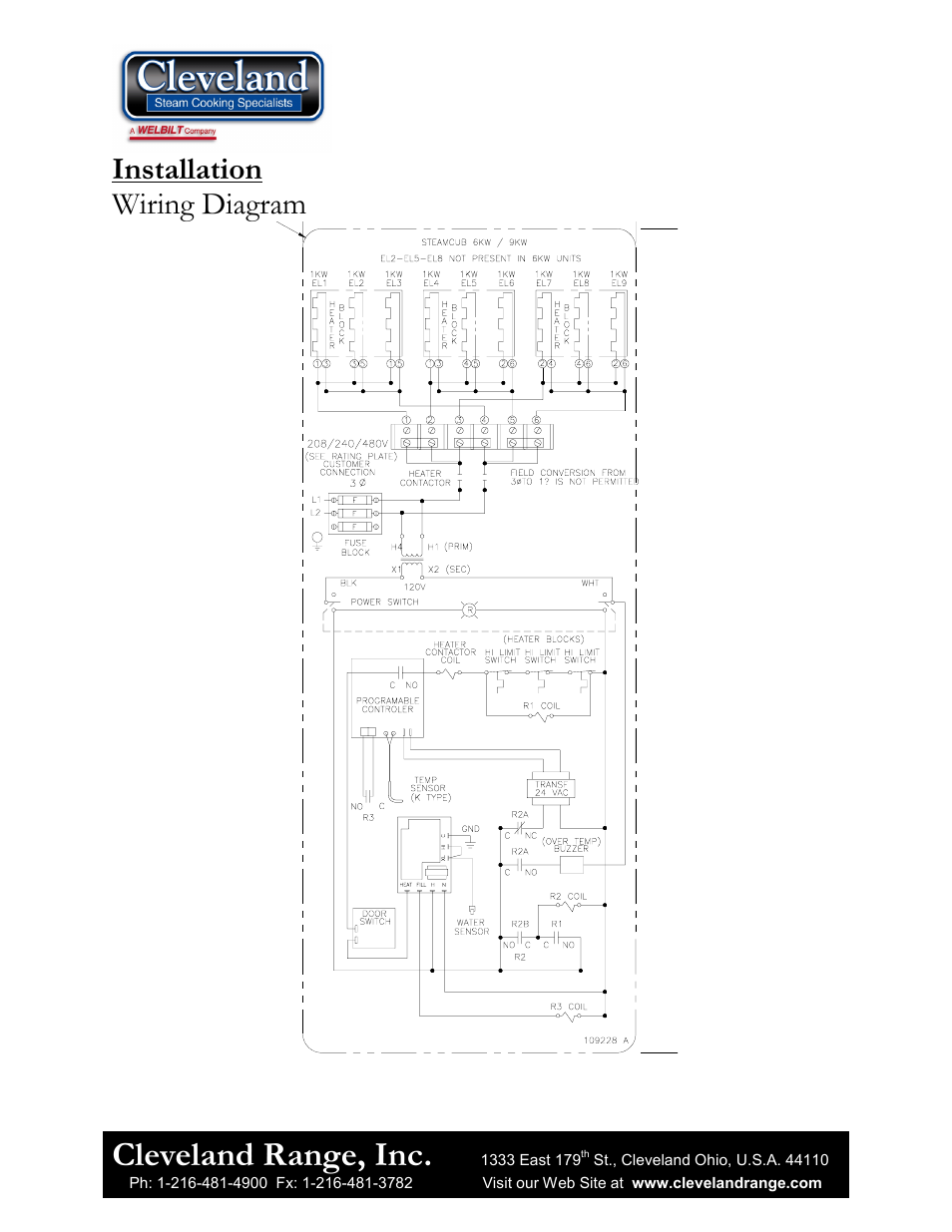 Cleveland range, inc, Installation wiring diagram | Cleveland Range 1SCE User Manual | Page 7 / 11