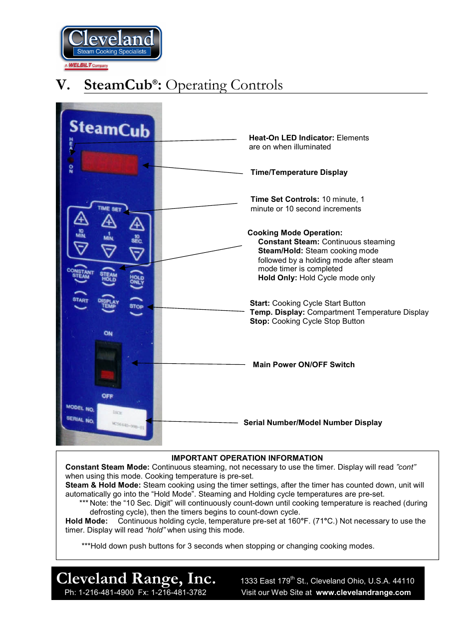 Cleveland range, inc, V. steamcub, Operating controls | Cleveland Range 1SCE User Manual | Page 8 / 11