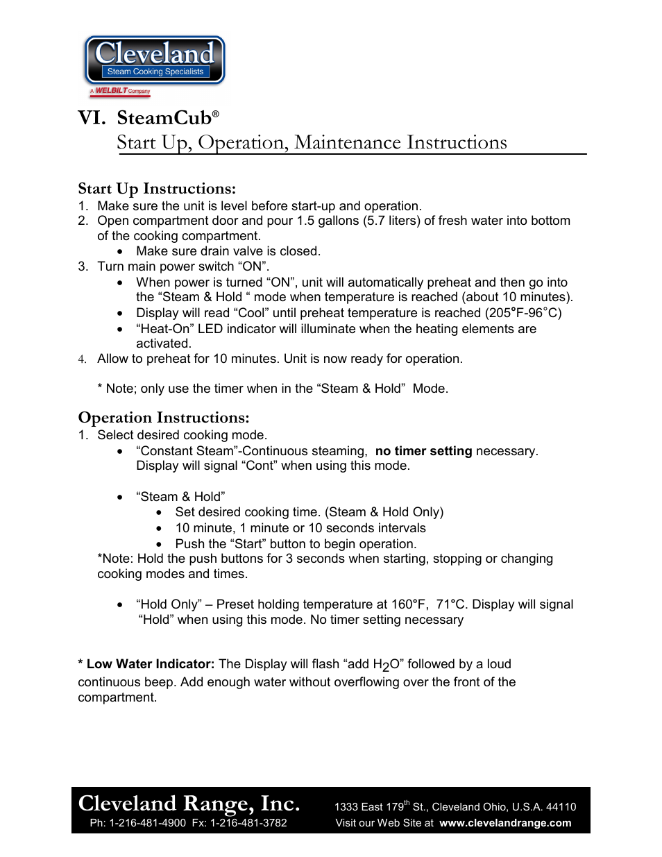 Cleveland range, inc, Vi. steamcub, Start up, operation, maintenance instructions | Start up instructions, Operation instructions | Cleveland Range 1SCE User Manual | Page 9 / 11