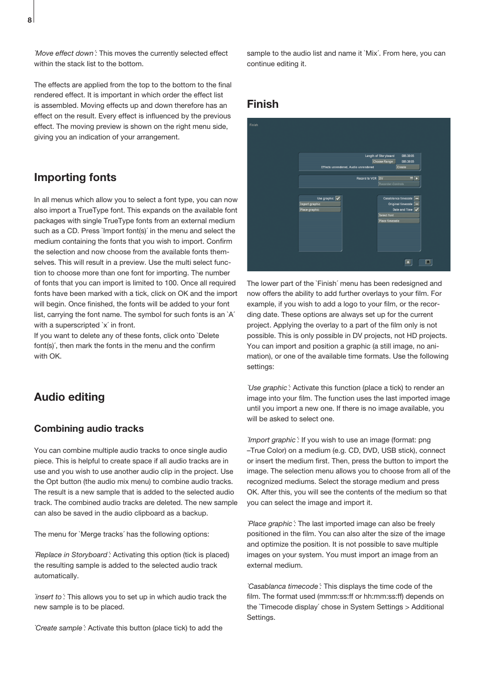 Finish, Importing fonts, Audio editing | Combining audio tracks | MacroSystem Smart Edit 8 Manual extension User Manual | Page 8 / 12