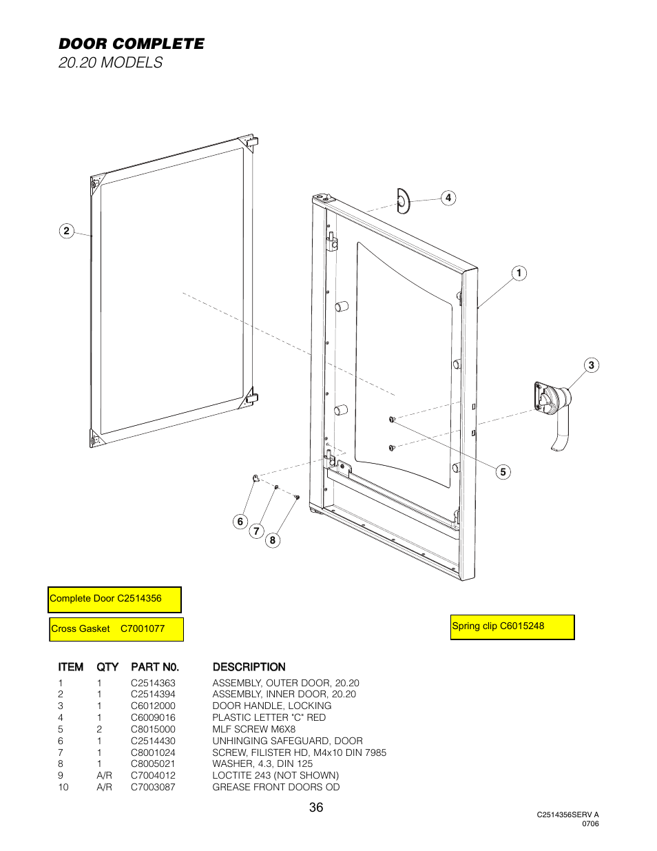 Door (all models), Door complete 20.20 models | Cleveland Range ELECTRIC 20.20 OES-20.20 User Manual | Page 38 / 74