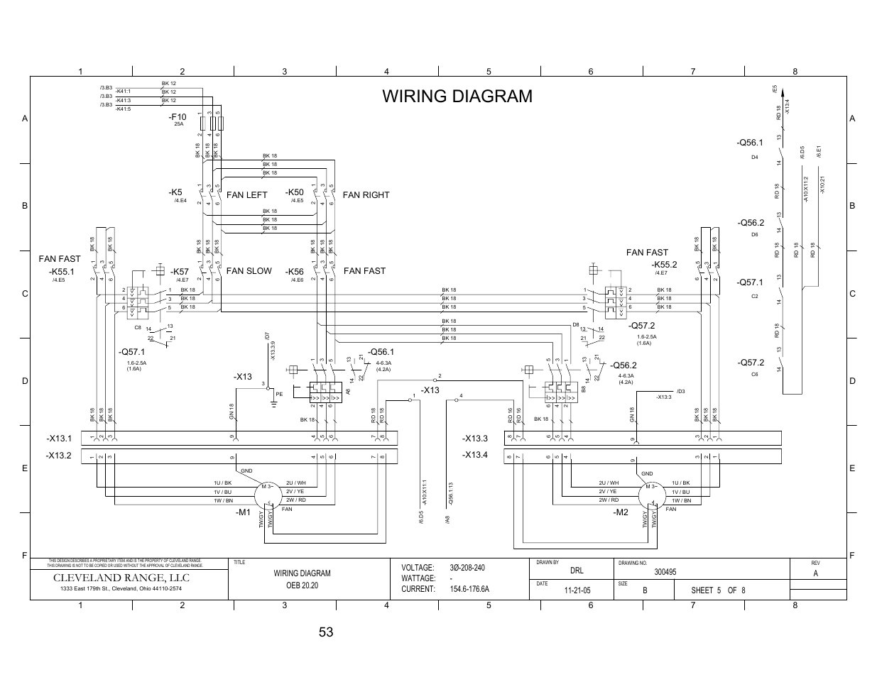 Pg 5, Wiring diagram, Cleveland range, llc | Q57.2, Q57.1, Fan fast -q57.1, K55.1, Fan slow, Fan left, Fan fast | Cleveland Range ELECTRIC 20.20 OES-20.20 User Manual | Page 55 / 74