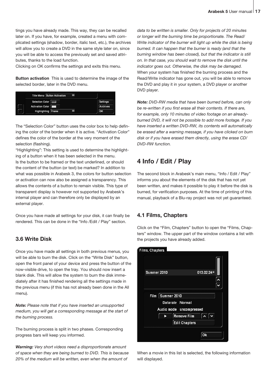 4 info / edit / play, 6 write disk, 1 films, chapters | MacroSystem Arabesk 5 User Manual | Page 17 / 24