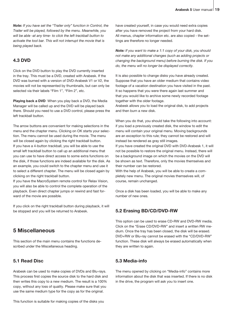 5 miscellaneous, 3 dvd, 1 read disc | 2 erasing bd/cd/dvd-rw, 3 media-info | MacroSystem Arabesk 5 User Manual | Page 19 / 24