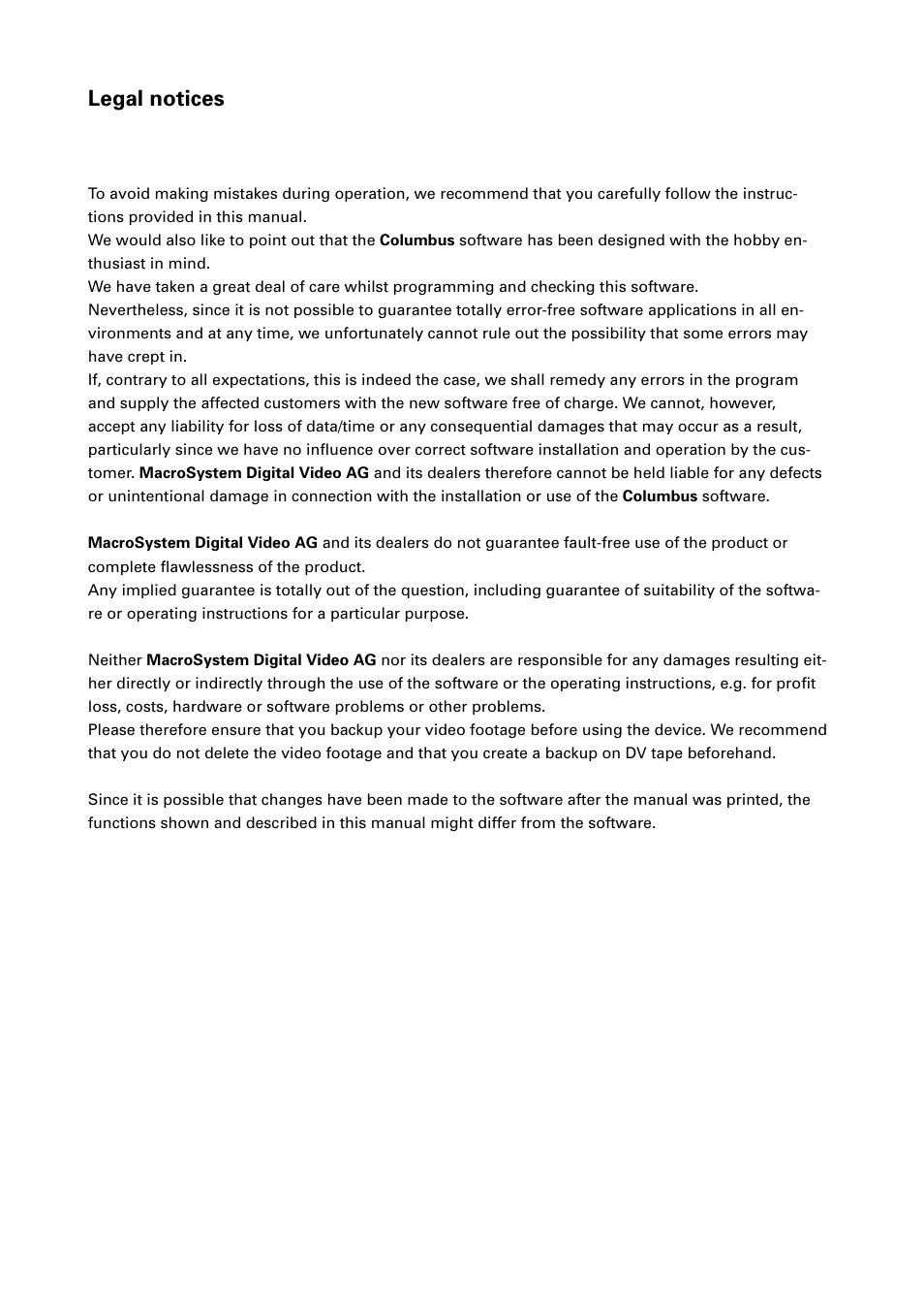 Legal notices | MacroSystem Columbus User Manual | Page 2 / 30