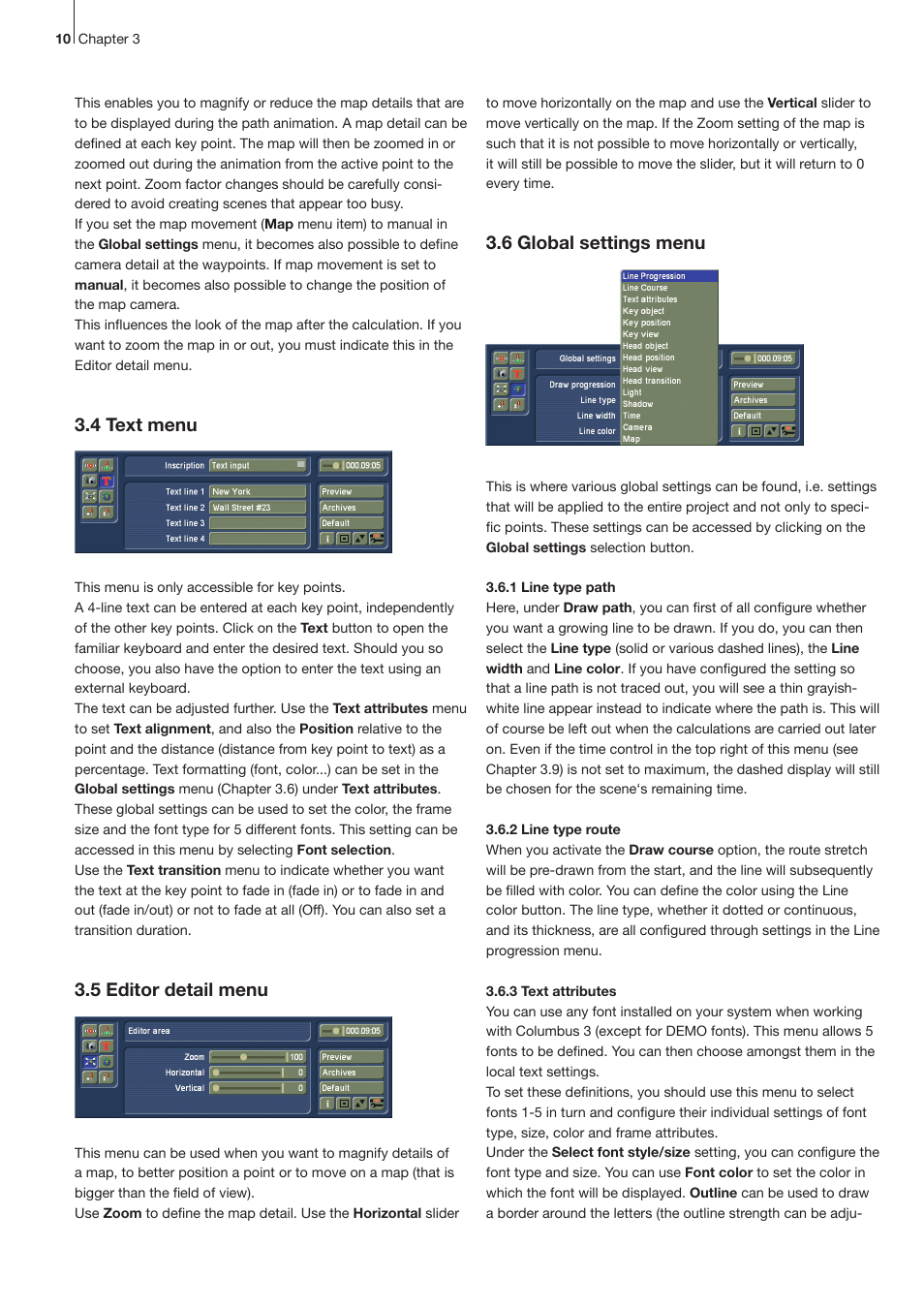 3 .4 text menu, 3 .5 editor detail menu, 3 .6 global settings menu | MacroSystem Columbus 3 User Manual | Page 10 / 20