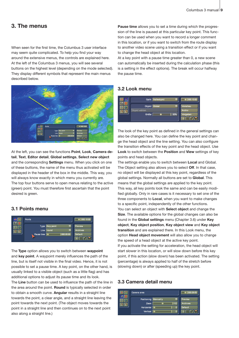 3 . the menus, 3 .1 points menu, 3 .2 look menu | 3 .3 camera detail menu | MacroSystem Columbus 3 User Manual | Page 9 / 20