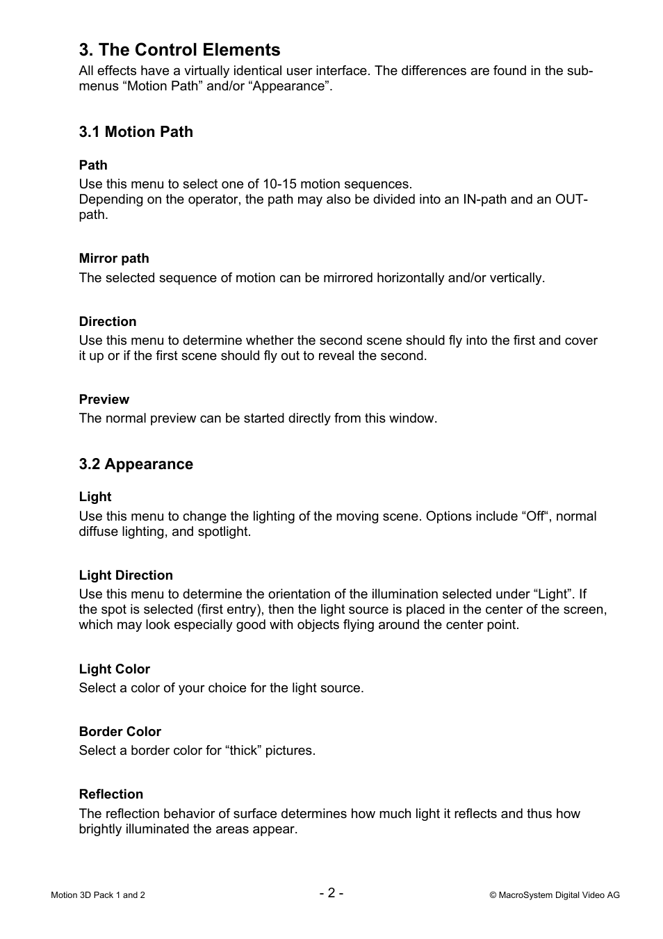 The control elements | MacroSystem Motion 3D Pack 1 and 2 User Manual | Page 2 / 3