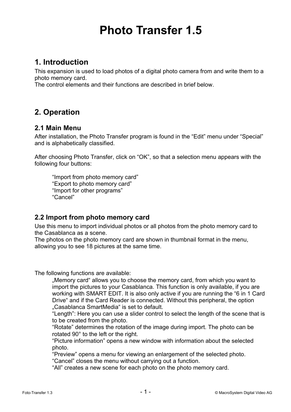 MacroSystem Photo Transfer 1.5 User Manual | 3 pages