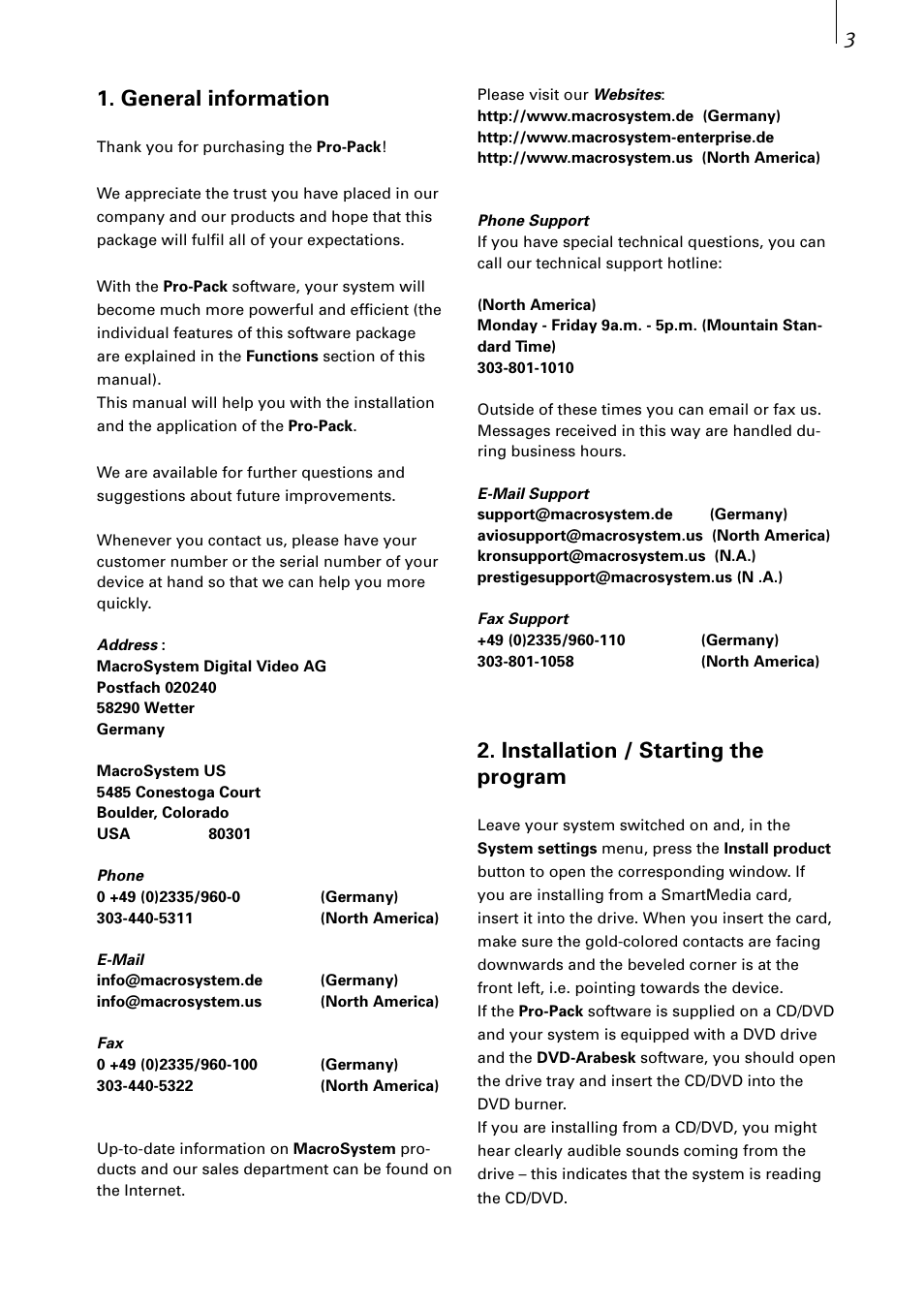 General information, Installation / starting the program | MacroSystem Pro-Pack User Manual | Page 3 / 16