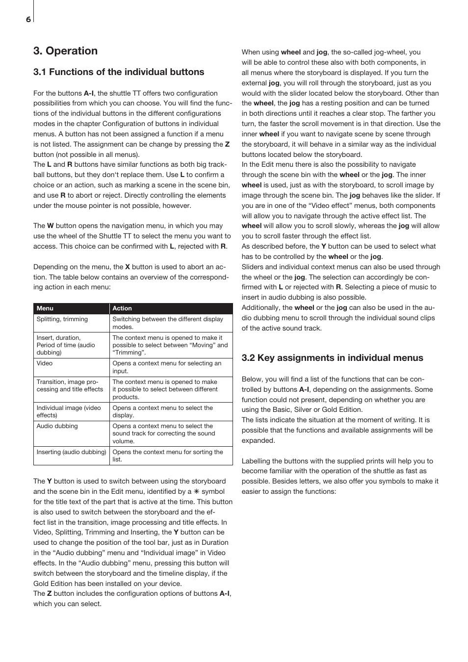 Operation, 1 functions of the individual buttons, 2 key assignments in individual menus | MacroSystem Shuttle TT User Manual | Page 6 / 12