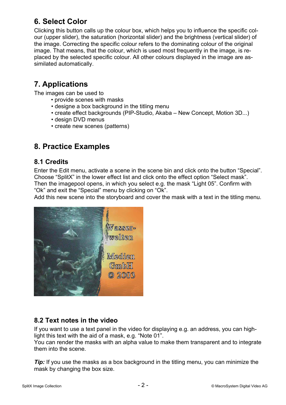Select color, Applications, Practice examples | MacroSystem SplitX Image Collection User Manual | Page 2 / 3