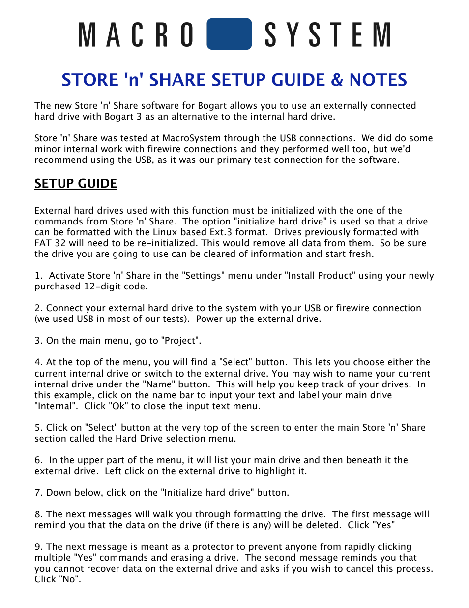 MacroSystem STORE n SHARE SETUP GUIDE & NOTES User Manual | 3 pages