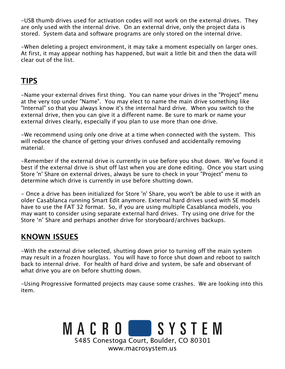 Tips, Known issues | MacroSystem STORE n SHARE SETUP GUIDE & NOTES User Manual | Page 3 / 3