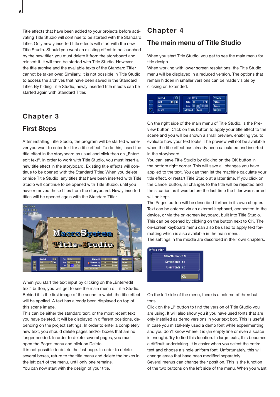 Chapter 3 first steps, Chapter 4 the main menu of title studio | MacroSystem Title-Studio User Manual | Page 6 / 16