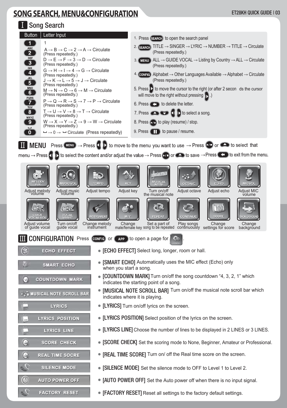 Song search, menu&configuration, Configuration, Song search | Menu, Real time score, Score check, Lyrics position, Lyrics, Countdown mark, Smart echo | MAGICSING ET28KH User Manual | Page 4 / 8