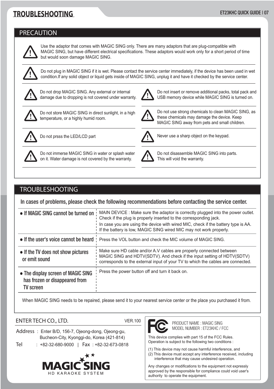 Troubleshooting, Precaution troubleshooting, Enter tech co., ltd | MAGICSING ET23KHC User Manual | Page 8 / 10