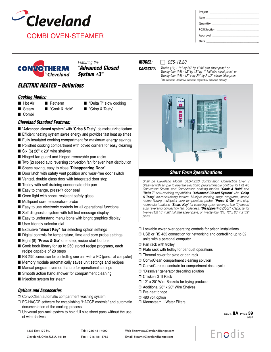 Cleveland Range OES-12.20 User Manual | 2 pages