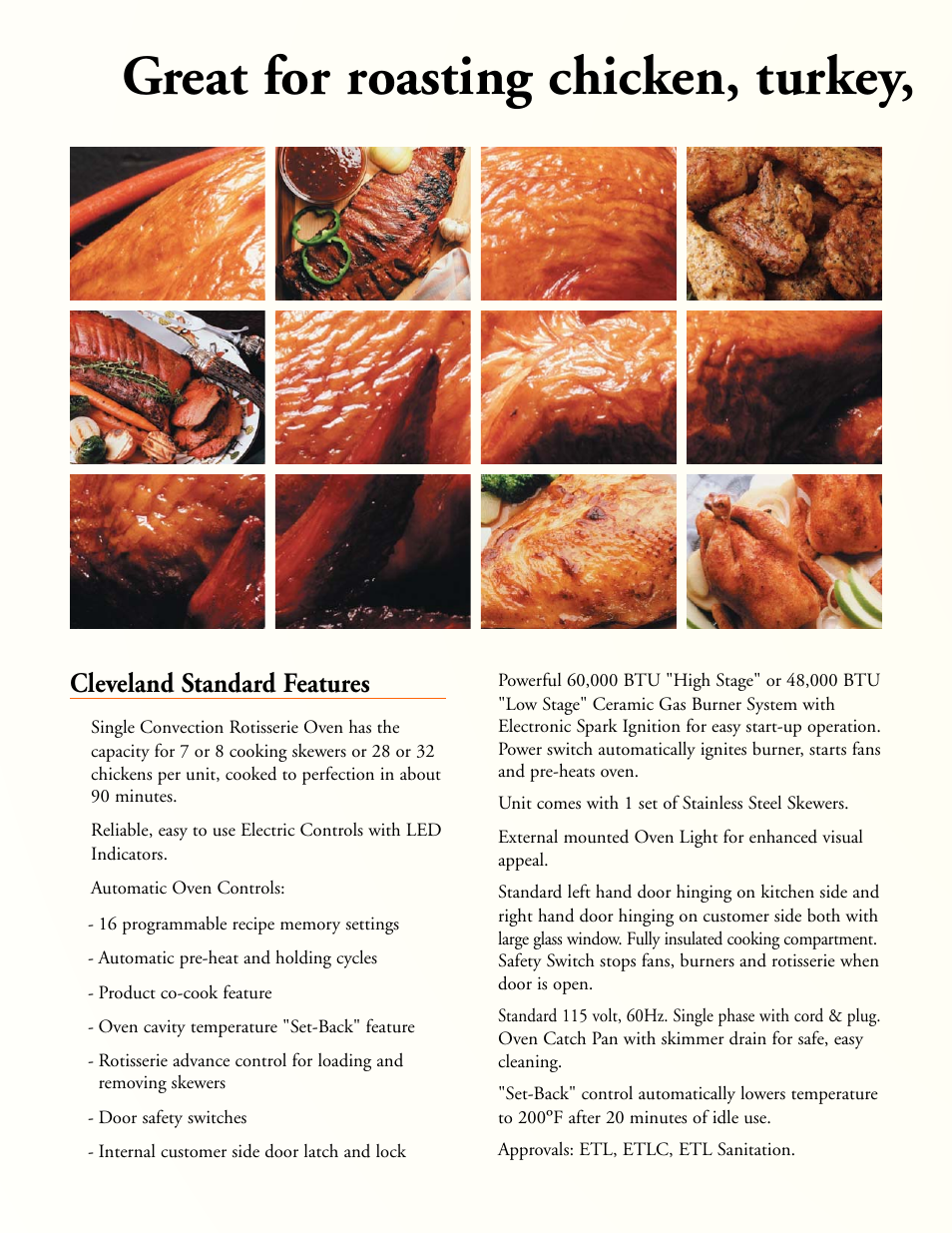 Great for roasting chicken, turkey, Cleveland standard features | Cleveland Range Enodis CR-32 User Manual | Page 2 / 4