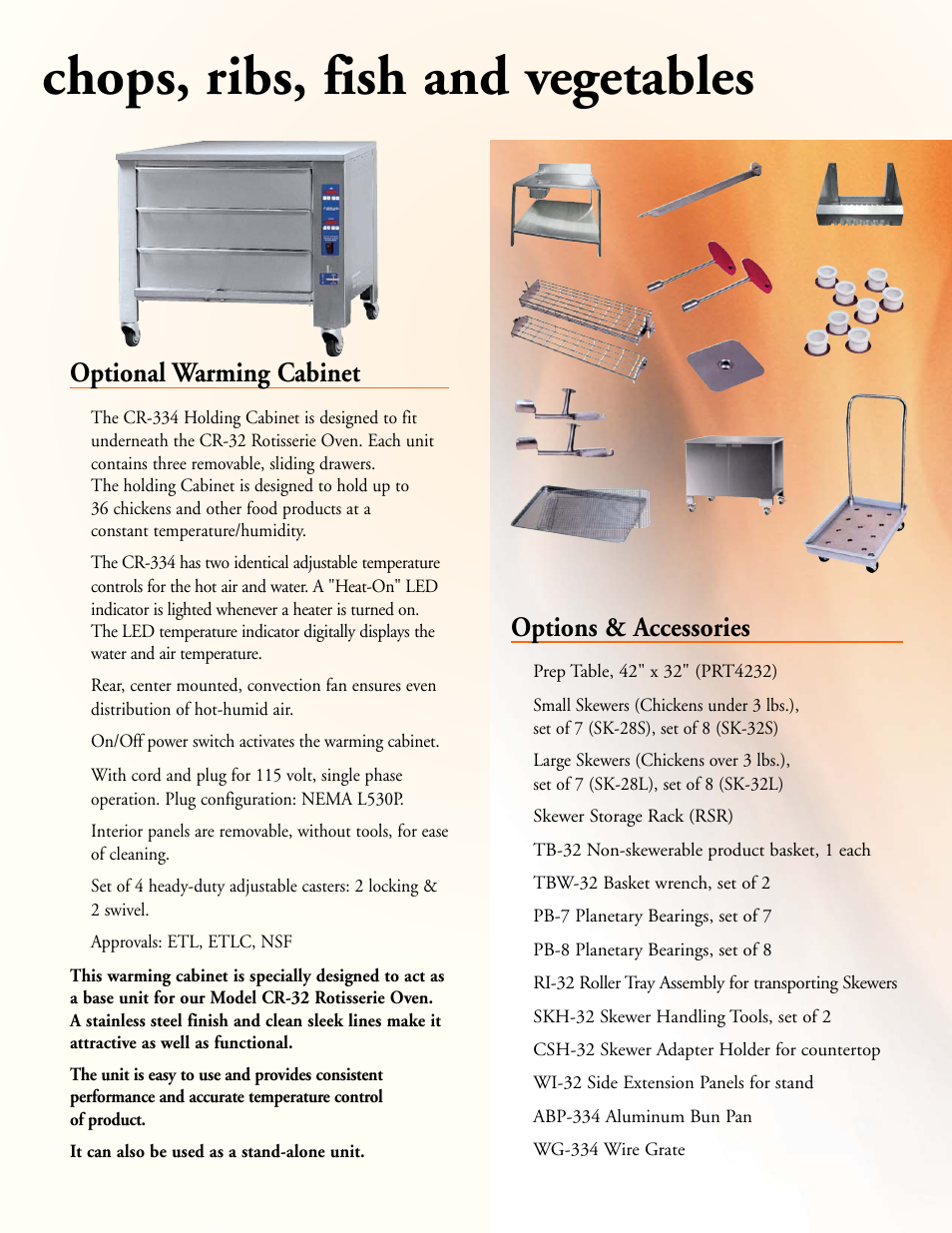 Chops, ribs, fish and vegetables, Options & accessories, Optional warming cabinet | Cleveland Range Enodis CR-32 User Manual | Page 3 / 4