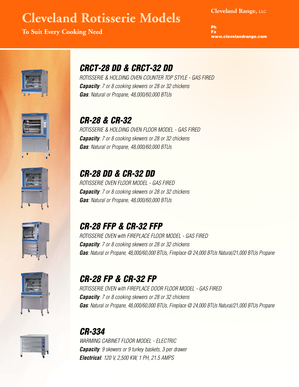 Cleveland rotisserie models, Crct-28 dd & crct-32 dd, Cr-28 & cr-32 | Cr-28 dd & cr-32 dd, Cr-28 ffp & cr-32 ffp, Cr-28 fp & cr-32 fp, Cr-334 | Cleveland Range Enodis CR-32 User Manual | Page 4 / 4