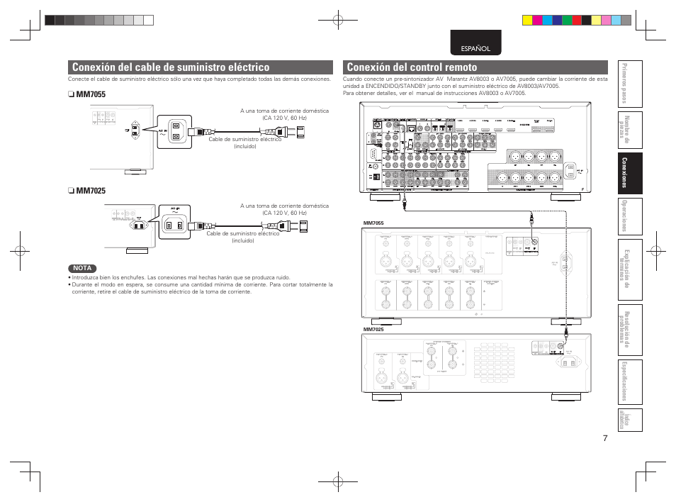 Conexión del cable de suministro eléctrico, Conexión del control remoto | Marantz MM7055 v.1 User Manual | Page 11 / 17