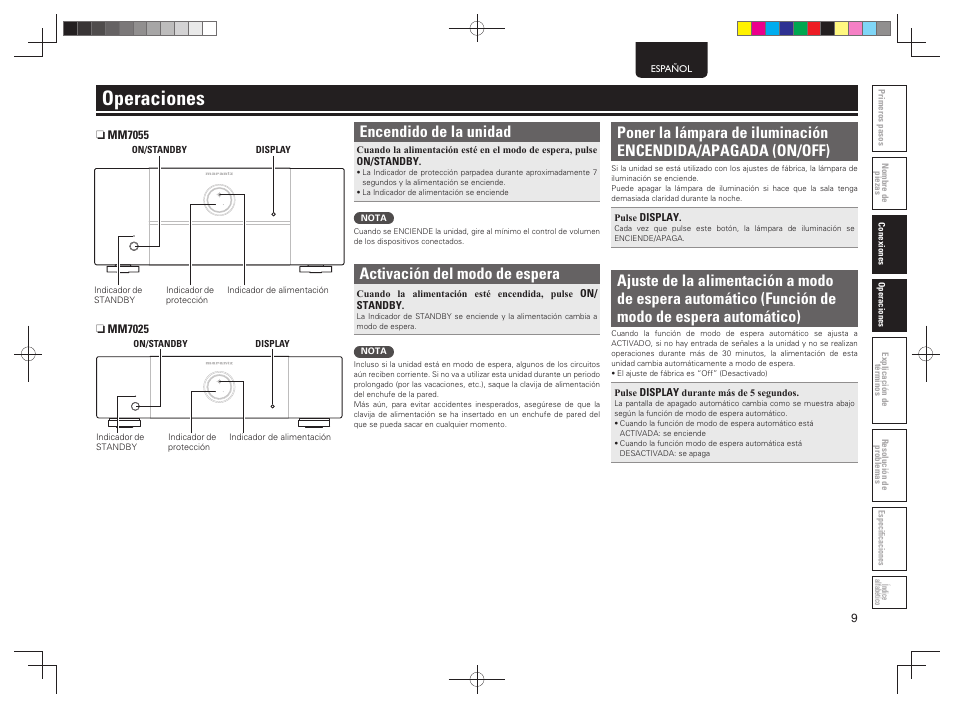 Operaciones, Encendido de la unidad, Activación del modo de espera | Marantz MM7055 v.1 User Manual | Page 13 / 17