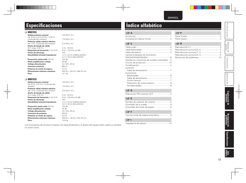 Especiﬁ caciones, Índice alfabético | Marantz MM7055 v.1 User Manual | Page 15 / 17