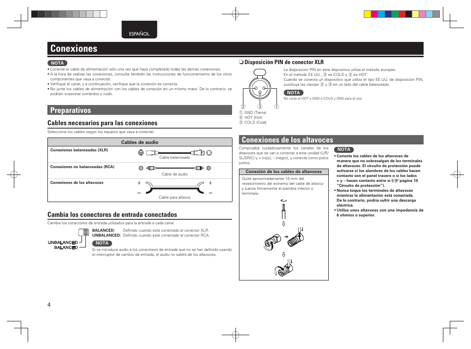 Conexiones, Preparativos, Conexiones de los altavoces | Cables necesarios para las conexiones, Cambia los conectores de entrada conectados | Marantz MM7055 v.1 User Manual | Page 8 / 17