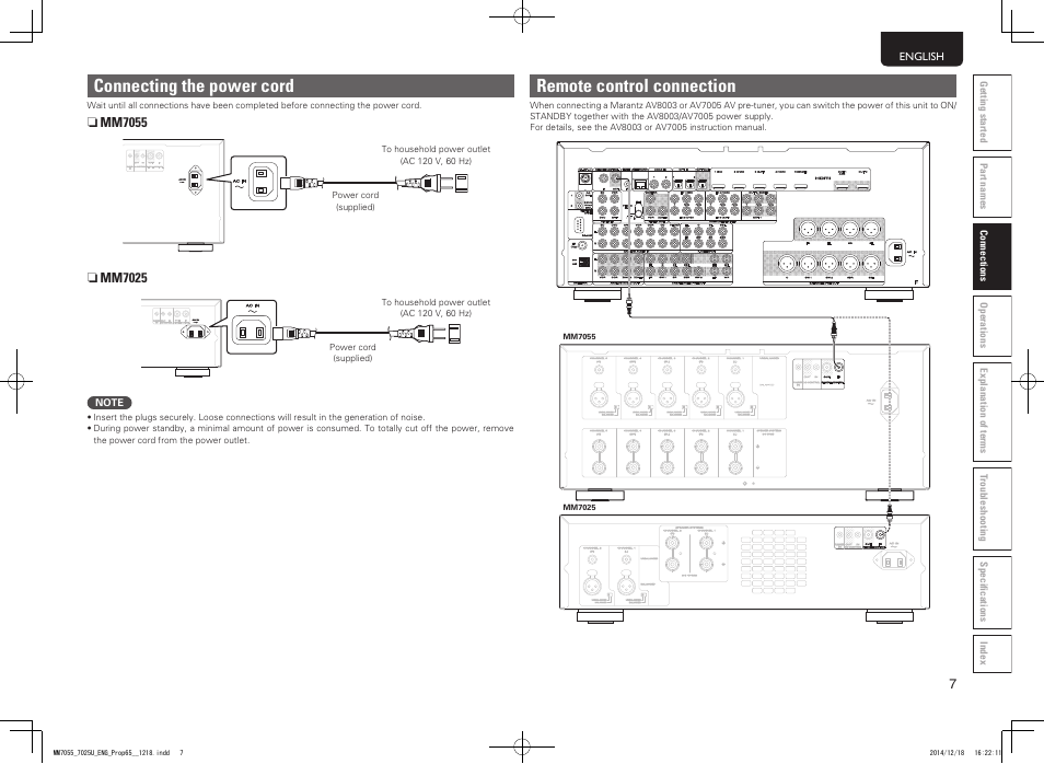 Connecting the power cord, Remote control connection | Marantz MM7055 v.2 User Manual | Page 11 / 18