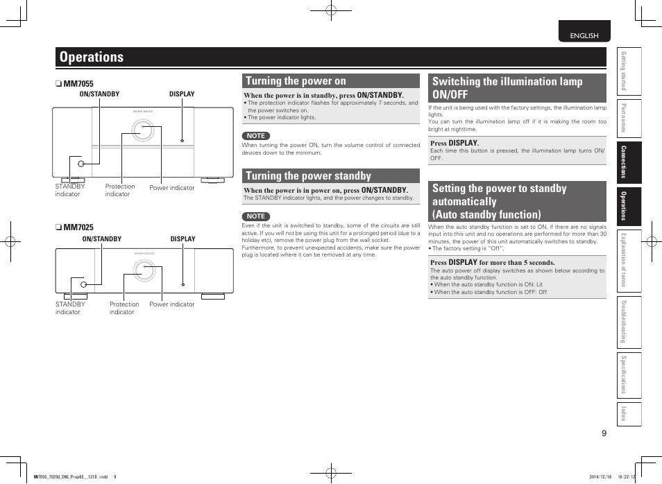 Operations, Turning the power on, Turning the power standby | Switching the illumination lamp on/off | Marantz MM7055 v.2 User Manual | Page 13 / 18