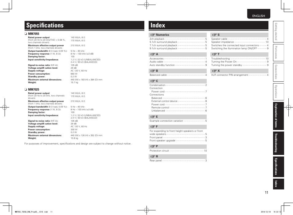 Specifications, Index | Marantz MM7055 v.2 User Manual | Page 15 / 18