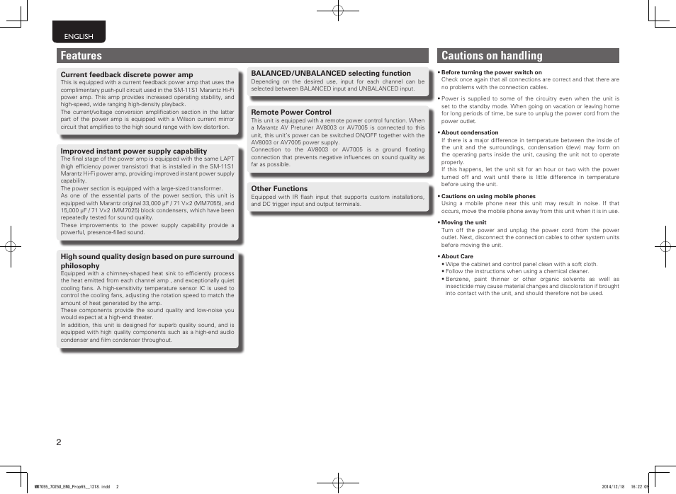 Features, Cautions on handling | Marantz MM7055 v.2 User Manual | Page 6 / 18