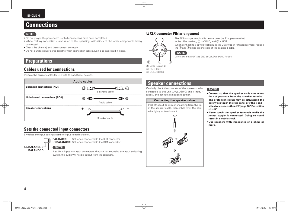 Connections, Preparations, Speaker connections | Cables used for connections, Sets the connected input connectors | Marantz MM7055 v.2 User Manual | Page 8 / 18