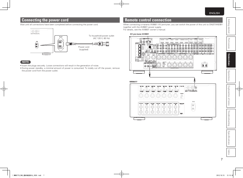 Connecting the power cord, Remote control connection | Marantz MM8077 User Manual | Page 11 / 18