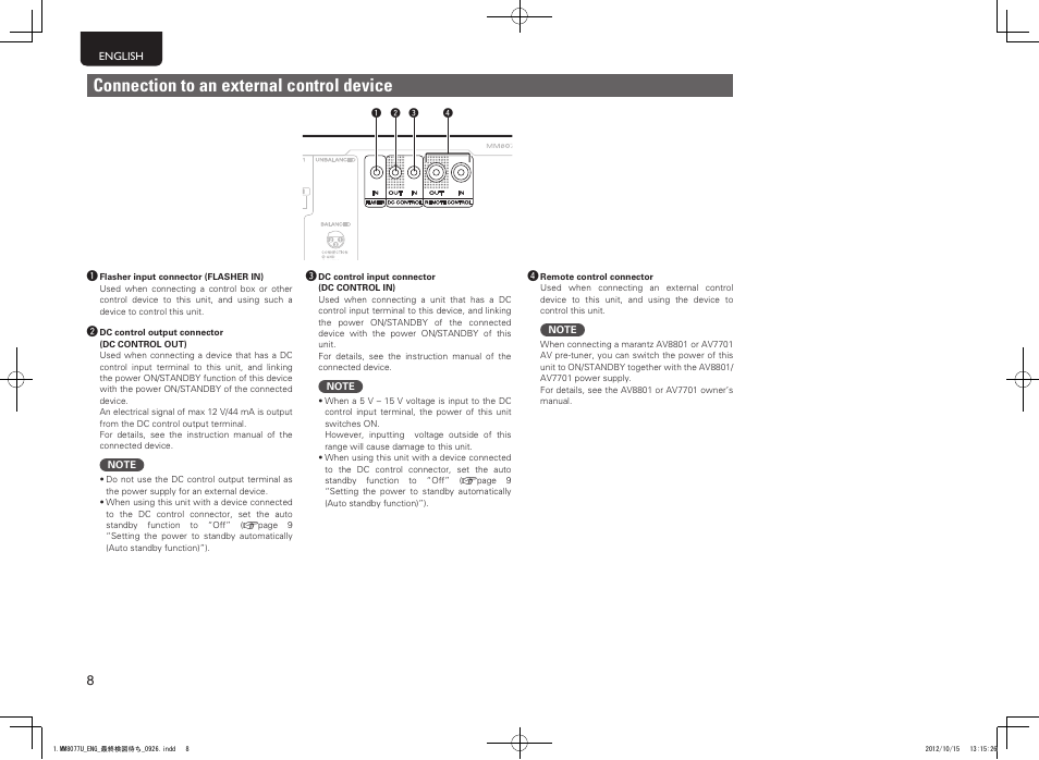 Connection to an external control device | Marantz MM8077 User Manual | Page 12 / 18