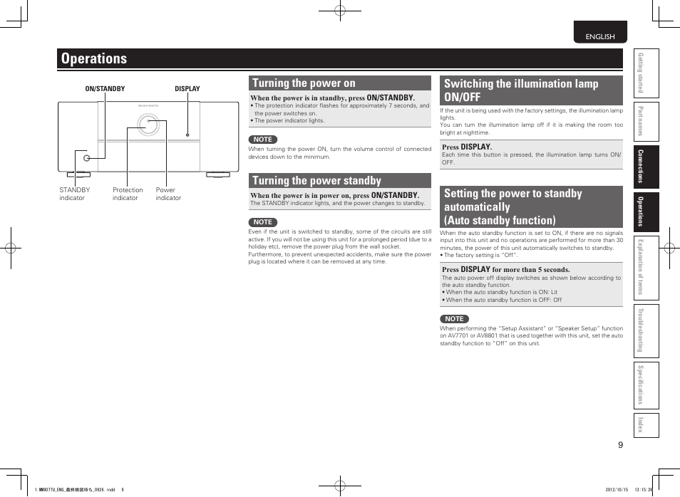 Operations, Turning the power on, Turning the power standby | Switching the illumination lamp on/off | Marantz MM8077 User Manual | Page 13 / 18