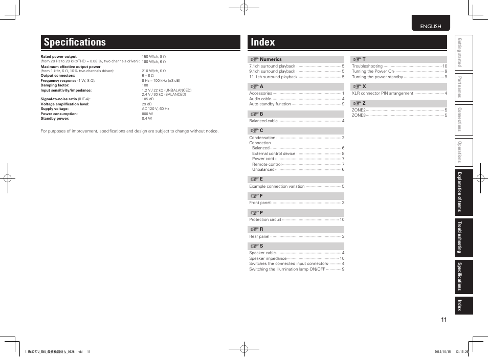 Specifications, Index | Marantz MM8077 User Manual | Page 15 / 18
