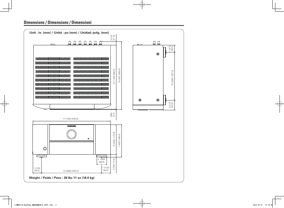 Dimensions / dimensions / dimensioni | Marantz MM8077 User Manual | Page 17 / 18